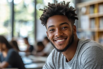 Obraz premium A young man with a big smile on his face is sitting in a classroom