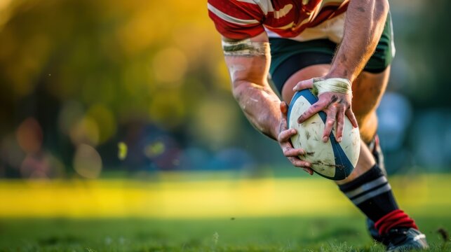 Close-up of a rugby player's hands holding the ball during a game, with focus on action and intensity.