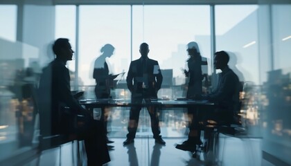 Meeting room, silhouettes intersect, intense discussion, decision imminent.