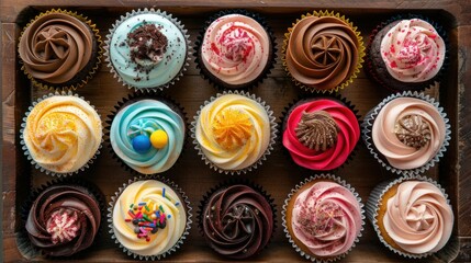 Overhead view of a tray of assorted cupcakes with different flavors and decorations, arranged neatly on a wooden surface.