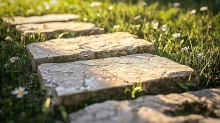Fototapeta premium Stepping stones pathway in lush garden nature photography serene environment close-up view tranquility concept