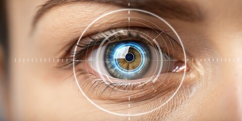 A close-up of an eye with a digital targeting reticle overlay, symbolizing technology, surveillance, or precision.
