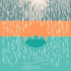A surreal rainy landscape with abstract geometric elements and mountains in the background. The soothing combination of blue and orange creates a calm and modern aesthetic, symbolizing nature.