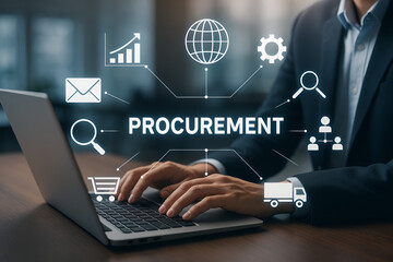 Typing on Laptop with Digital Logistics and Procurement Icons – Modern Supply Chain Visualization
