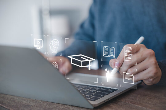 learn icon, online training on a laptop. concept of platform digital education, teaching course. curriculum learning online, business technology. a study from the webinar, Innovation Elearning