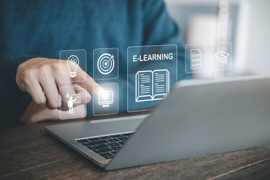 learn icon, online training on a laptop. concept of platform digital education, teaching course. curriculum learning online, business technology. a study from the webinar, Innovation Elearning