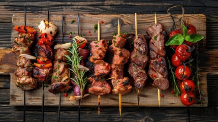 A variety of marinated meats on skewers, ready for grilling, showcased on a rustic wooden board.