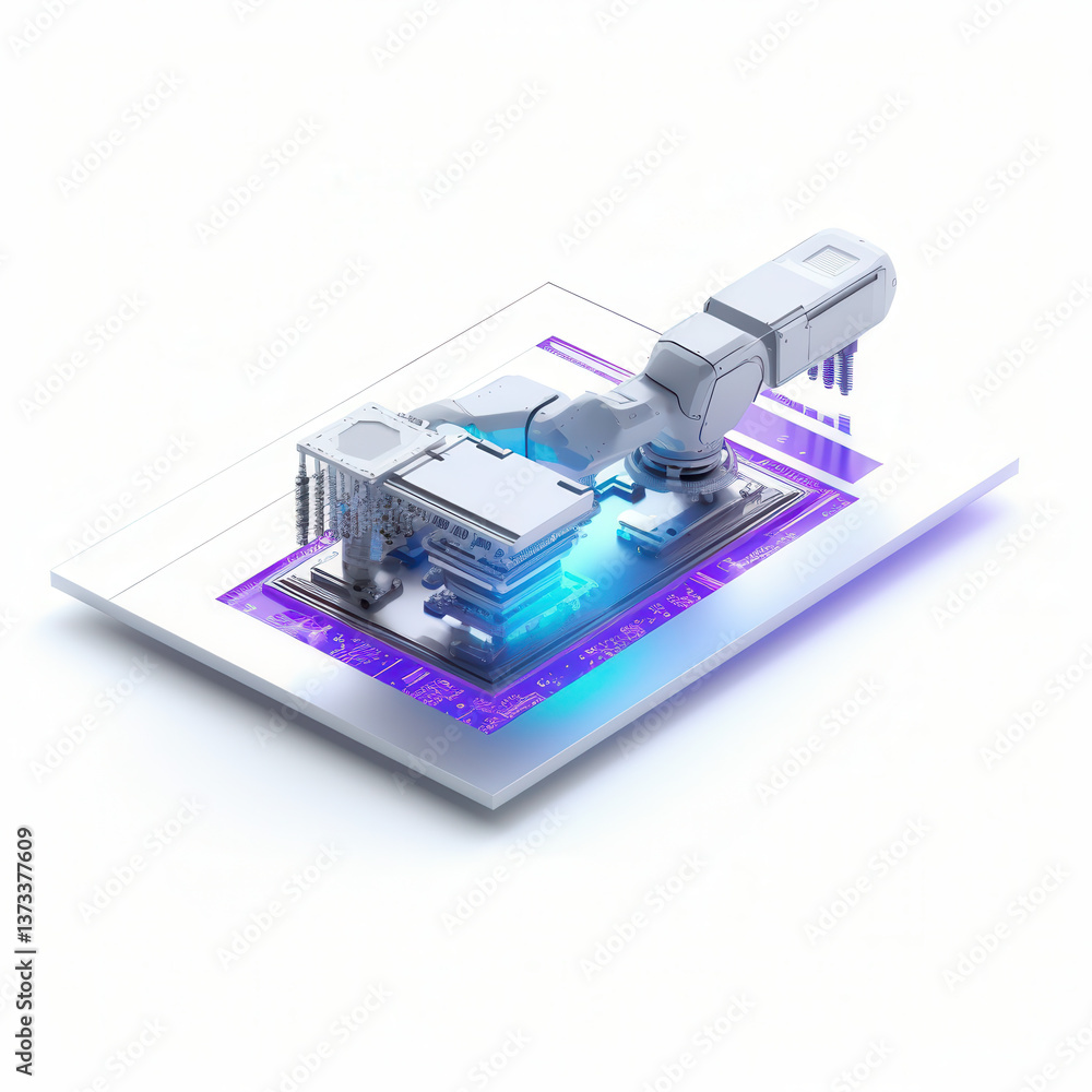 Aufkleber futuristic isometric 3d robotic arm on glowing circuit board, symbolizing ai automation and advanced