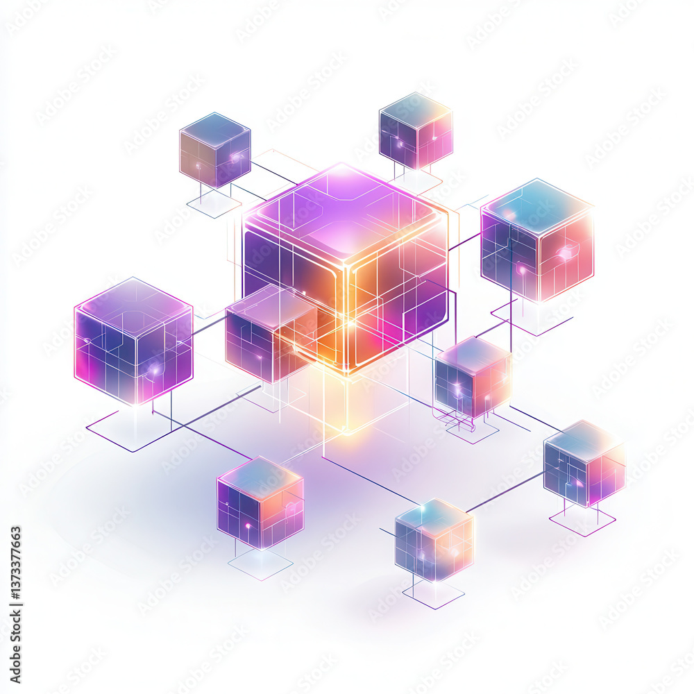 Aufkleber vibrant isometric blockchain network with interconnected glowing cubes, symbolizing digital technolo