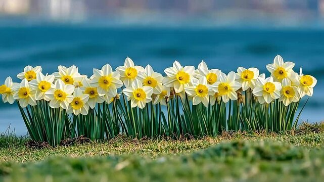 Daffodils blooming in a row, sunny day, water backdrop. Green grass in foreground