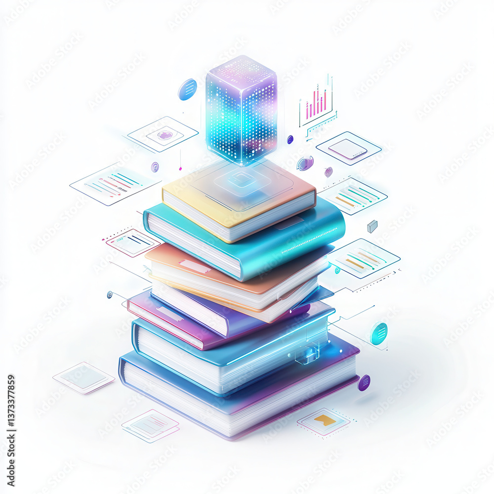 Poster stack of colorful books with floating digital elements, symbolizing modern education and technology 
