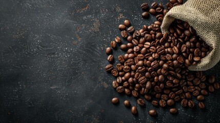 Obraz premium An overhead view of coffee beans cascading down from a small burlap sack onto a smooth, dark background, highlighting the motion and texture.