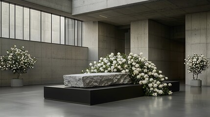 Memorial ceremony honoring life contemporary space floral arrangement modern architecture indoor remembrance