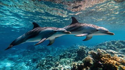 Obraz premium Underwater Dolphins Coral Reef Ocean Wildlife Scene