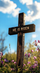  Christian Easter design, Easter cross design on a spring landscape background, vertical orientation.