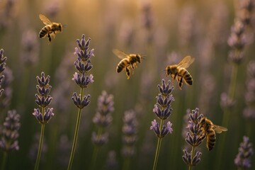 Bees on Blooming Lavender Flowers &ndash; Peaceful Nature Scene Showing Harmony, Pollination, and Soft Summer Light