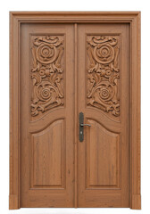 Ornate wooden double door with intricate carvings isolated on white background