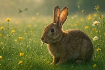 Fototapeta premium Rabbit Resting in a Peaceful Meadow – Calm Wildlife Scene with Soft Light and Natural Tranquility
