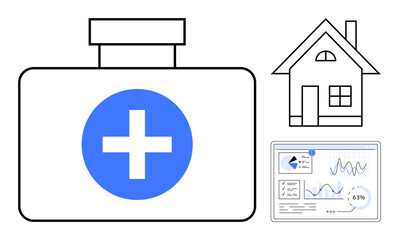 Obraz premium Medical kit with blue cross, house outline, and digital health monitor displaying vital signs. Ideal for home healthcare, telemedicine, remote monitoring, innovation, safety, medical assistance flat