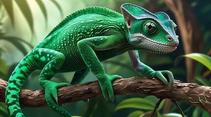 Fototapeta premium Cute green chameleon on branch against white background