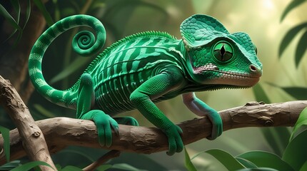 Fototapeta premium Cute green chameleon on branch against white background