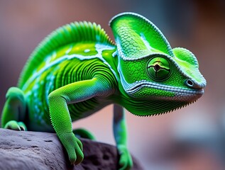 Cute green chameleon on branch against white background