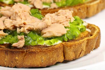 crispy toast with tuna and pickles, close up