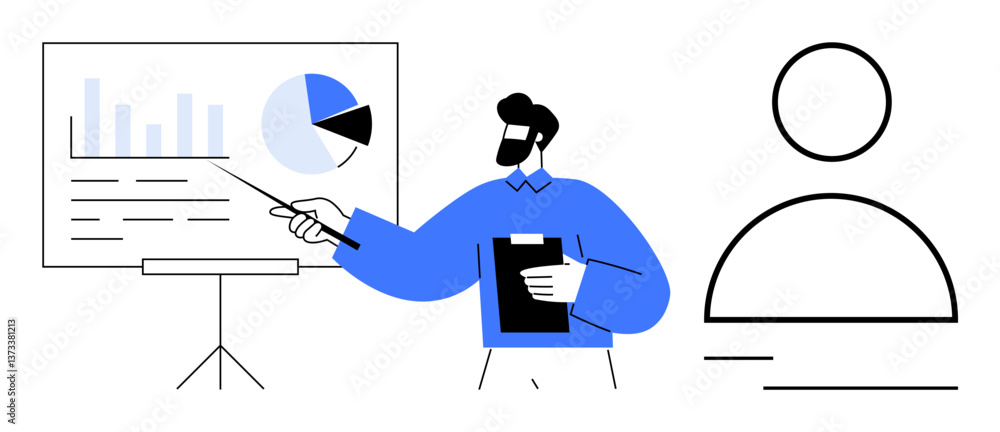 Poster man holding clipboard pointing at graphs and pie chart on a board, communicating insights. ideal for