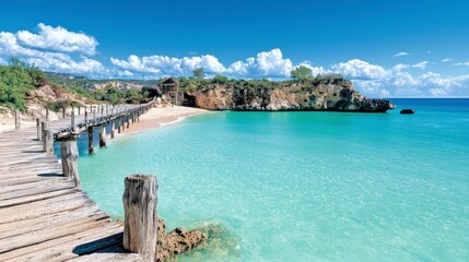 Fototapeta premium Serene Beach Wooden Pier Turquoise Ocean Tropical Island Paradise