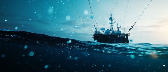 Scientists developing AI powered ocean pollution tracking systems, high-tech marine research station with real-time pollution data and AI-driven tracking models, High-tech style