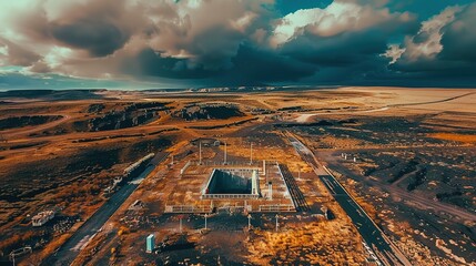 Aerial view of secure nuclear waste storage facility with warning signs and containment structures in barren landscape under cloudy sky. Environmental safety and hazardous material management concepts