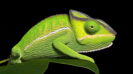 Fototapeta premium Vibrant Green Namaqua Chameleon on Leaf Closeup Reptile Portrait