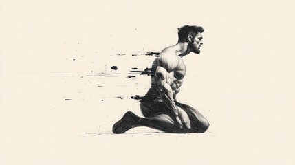 Muscular Man Kneeling  Intense Gaze  Abstract Art  Black and White Engraving Style