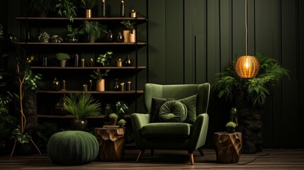 Luxury designer interior in dark green color tones. Exclusive design of a room in  dark green color. Interior of a living room with luxury expensive furniture