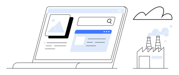 Open laptop with a search engine interface, industrial factory emitting smoke, and a cloud above. Ideal for technology, environment, industry, sustainability, research, digitalization innovation
