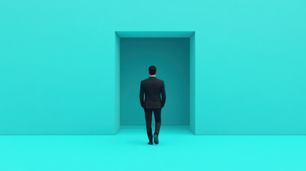 Obraz premium man in suit walks towards large open doorway in minimalist turquoise room symbolizing business growth and strategies for scaling team building