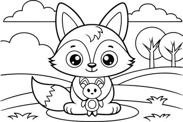 Fox Hugging Bunny Stuffed Toy Outline on Hill with Trees & Clouds Drawing