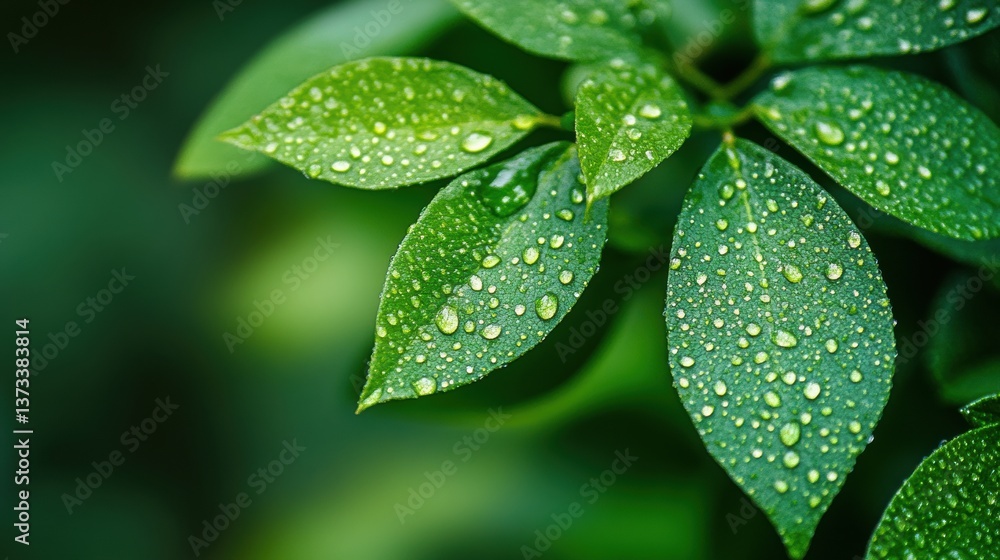 Poster close-up of fresh green leaves with soft dewdrops on a blurred natural background in a high-definiti