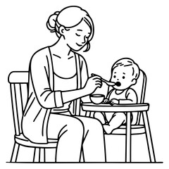 Mother Feed Baby Food Sketch Drawing.