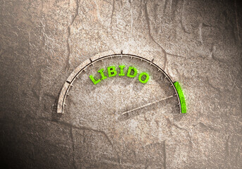 Scale with arrow. The libido level measuring device icon. Sign tachometer, speedometer, indicator. Infographic gauge element.