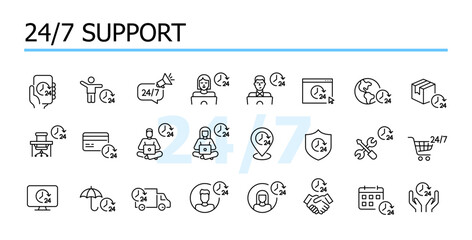 24 7 customer support. Call centre, online services, delivery and IT. Vector icons set