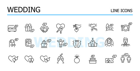 Wedding, honeymoon, reception and romance. Bride, groom, church, engagement and inclusive couples. Vector icons set