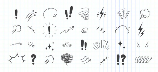 Anime Emotion effect icons. Manga doodle set. Comic emotion symbols. Hand drawn Vector illustration on checkered piece of paper background.