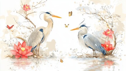 Obraz premium Two elegant herons standing amidst vibrant pink lotus flowers in a peaceful reflective wetland scene with delicate branches and a serene natural atmosphere