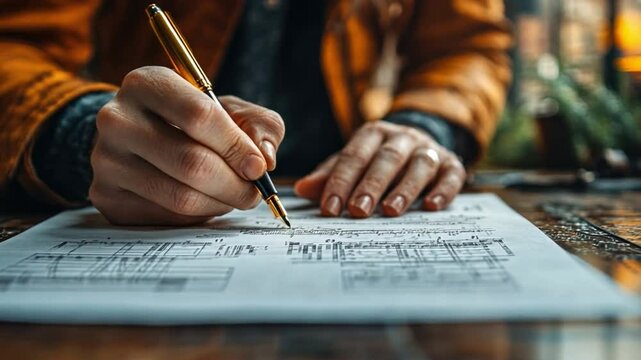 Creative Penmanship: A detailed image showcasing a person's hand skillfully wielding a fountain pen, etching elegant script onto a page, representing writing, creativity, and communication.