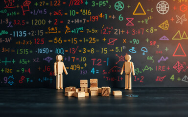 Two wooden figures stand before a blackboard covered in colorful mathematical equations and symbols. Wooden blocks are scattered near them, hinting at learning and problem-solving concepts.
