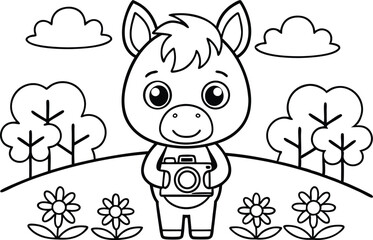 Cartoon Horse with Camera, Flowers, Clouds, Cute Animal Outline, Transparent