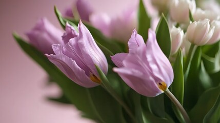 Obraz premium Elegant Lavender Tulips Bouquet Spring Flowers Soft Pink Background Floral Arrangement