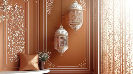 ornate lanterns on orange wall
