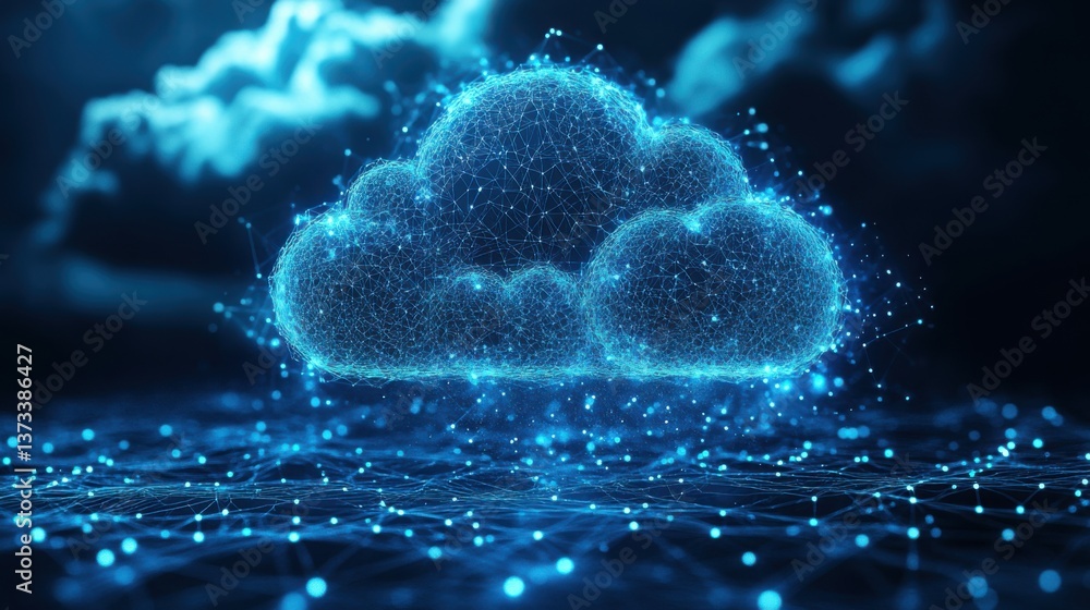 Poster a digital representation of a cloud, composed of interconnected nodes and glowing blue particles, se